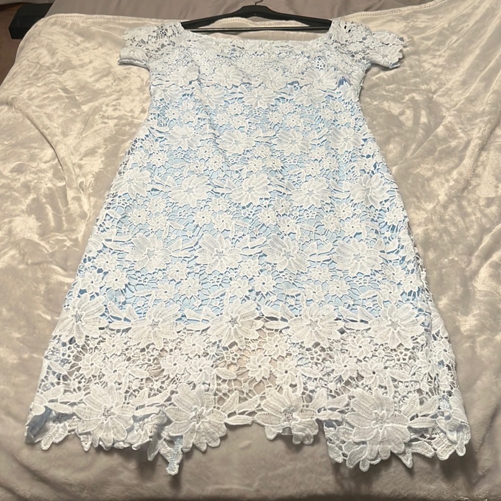 Blue floral lace midi cocktail dress